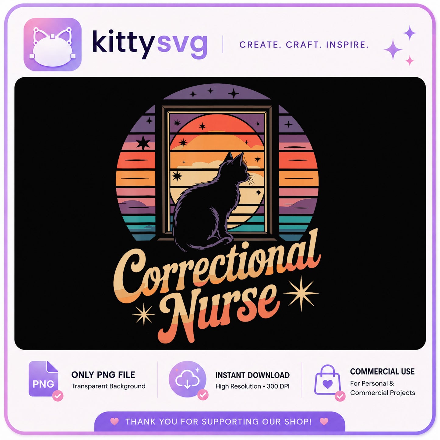 Correctional Nurse PNG, Black Cat Retro Sunset, Nurse Life PNG