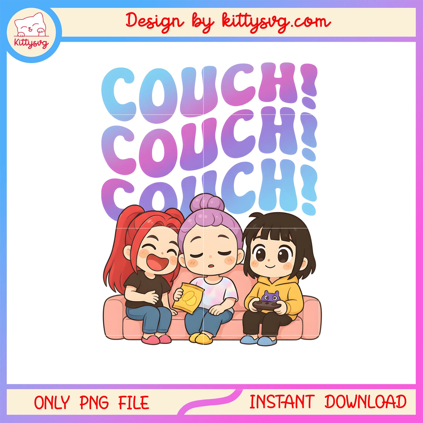 Couch huntrix kpop cute design png, kpop demon hunters girl group png