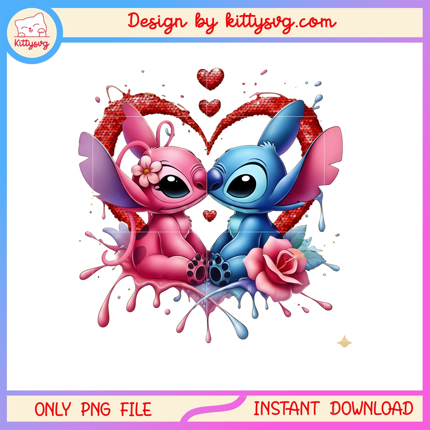 Couple kiss flower valentine png, stitch valentines day​​ png