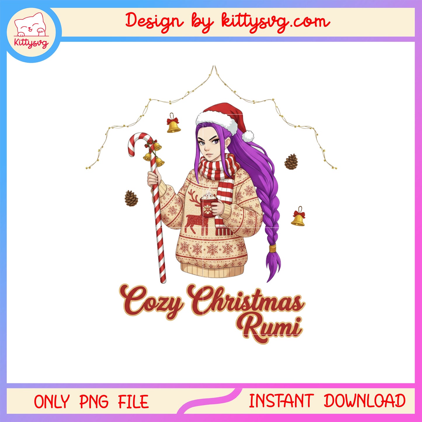Cozy christmas rumi huntrix kpop design png, christmas kpop png