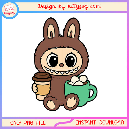 Cozy coffee labubu cute doll png, labubu clothing png, love coffee png
