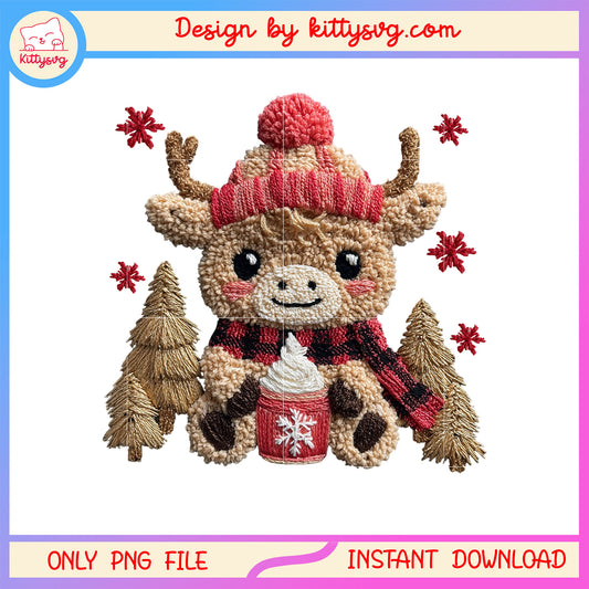 Crochet yarn christmas highland cow png, happy christmas png
