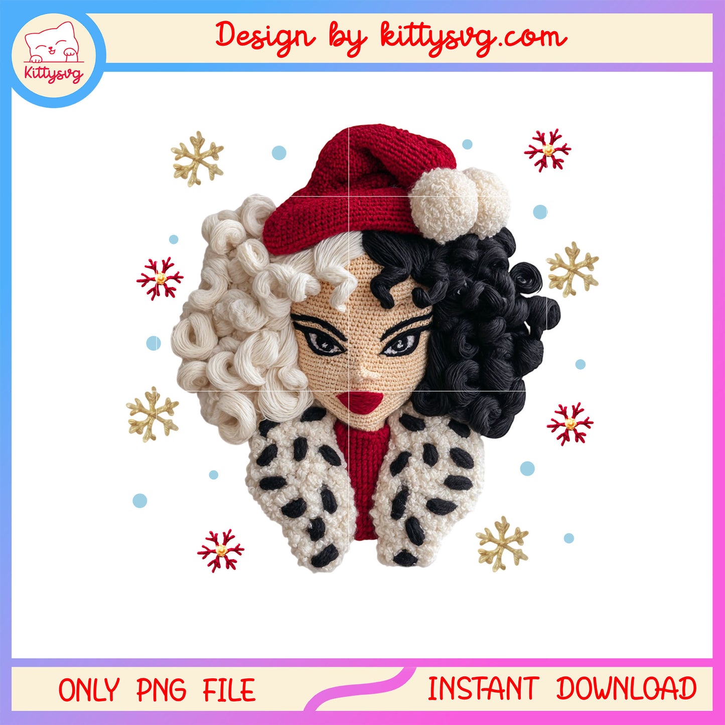 Cruella de vil face christmas patchwork png, disney cruella de vil png