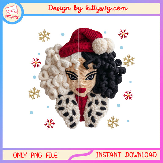 Cruella de vil face christmas patchwork png, disney cruella de vil png
