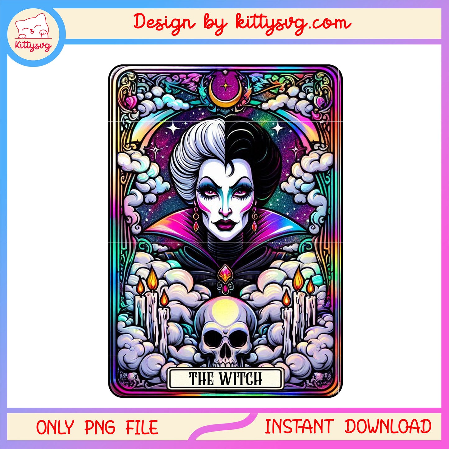 Cruella de vil the witch cloudy tarot card png, cruella character png, horror tarot card png