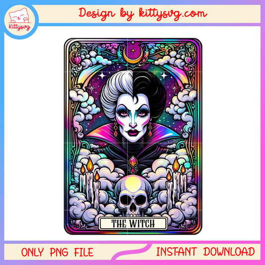 Cruella de vil the witch cloudy tarot card png, cruella character png, horror tarot card png