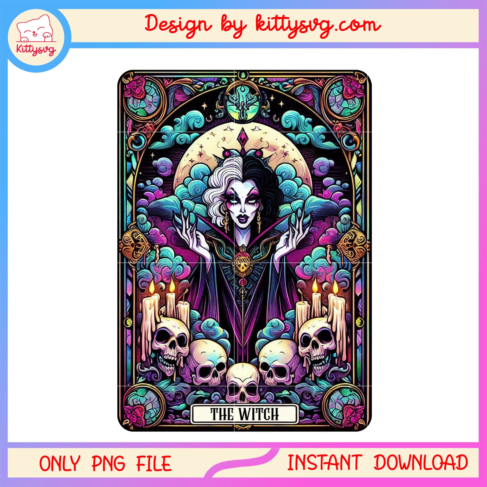 Cruella de vil the witch skull tarot card png, cruella tarot card png