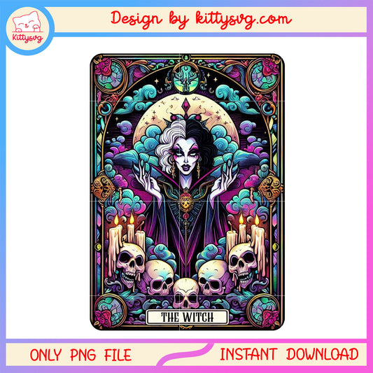 Cruella de vil the witch skull tarot card png, cruella tarot card png