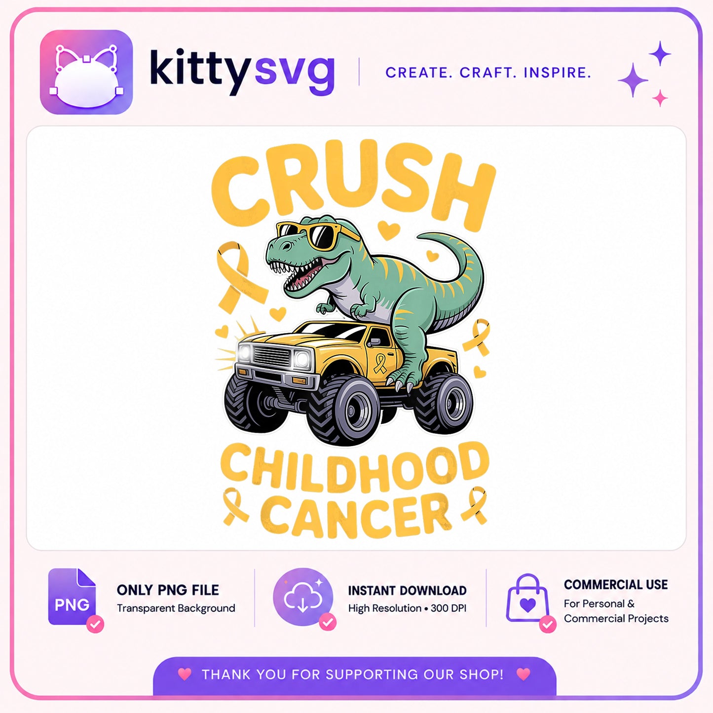Crush Childhood Cancer Dinosaur PNG, T-Rex Monster Truck PNG, Gold Ribbon PNG
