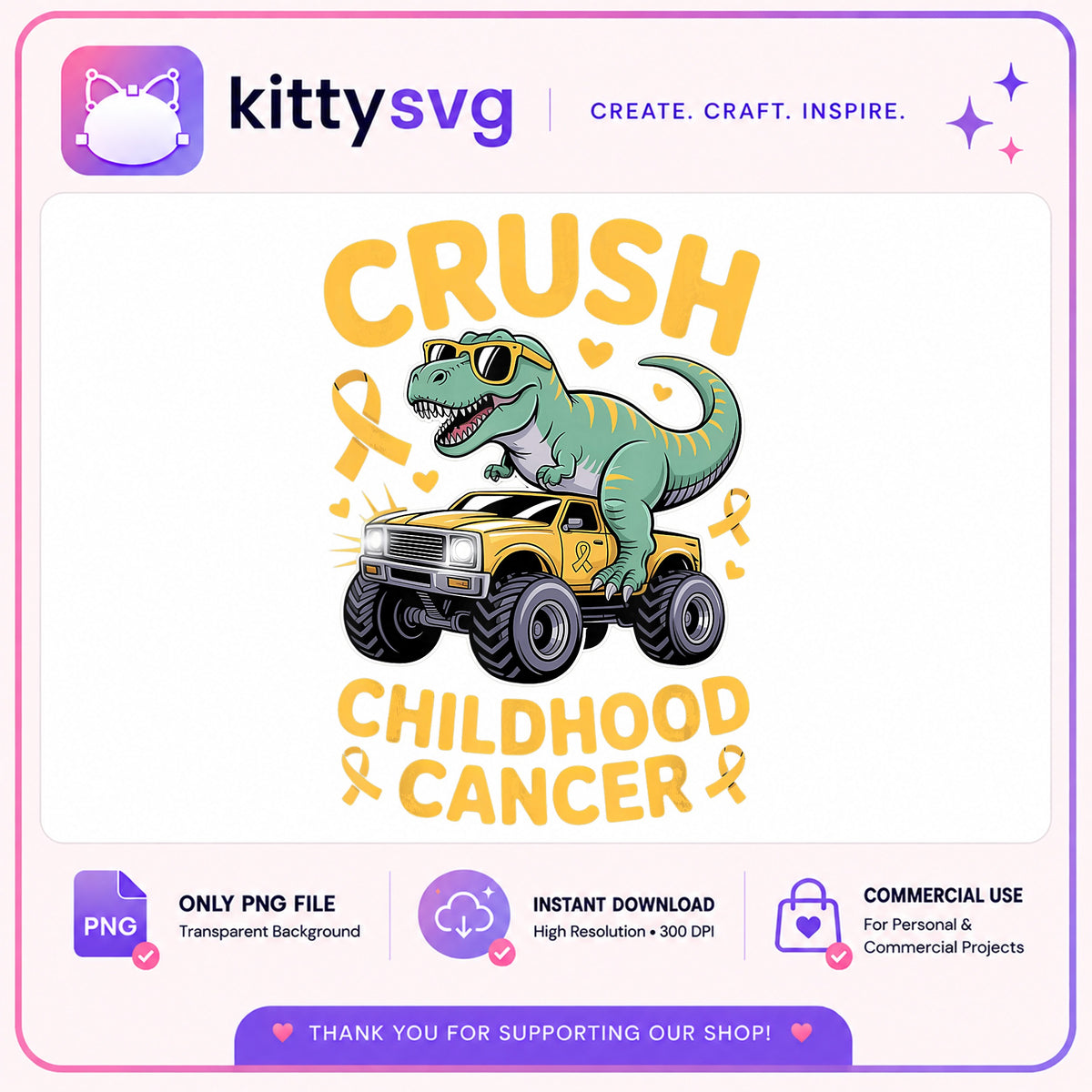 Crush Childhood Cancer Dinosaur PNG, T-Rex Monster Truck PNG, Gold Ribbon PNG