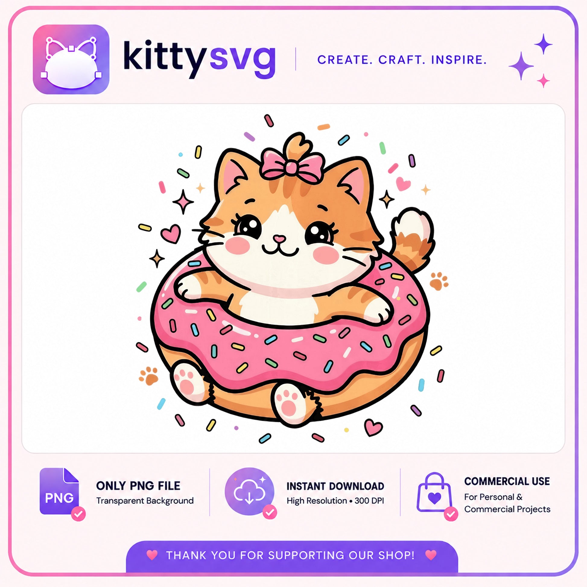 Cute Cat Donut PNG, Kawaii Kitty Sprinkles, Cat Clipart PNG