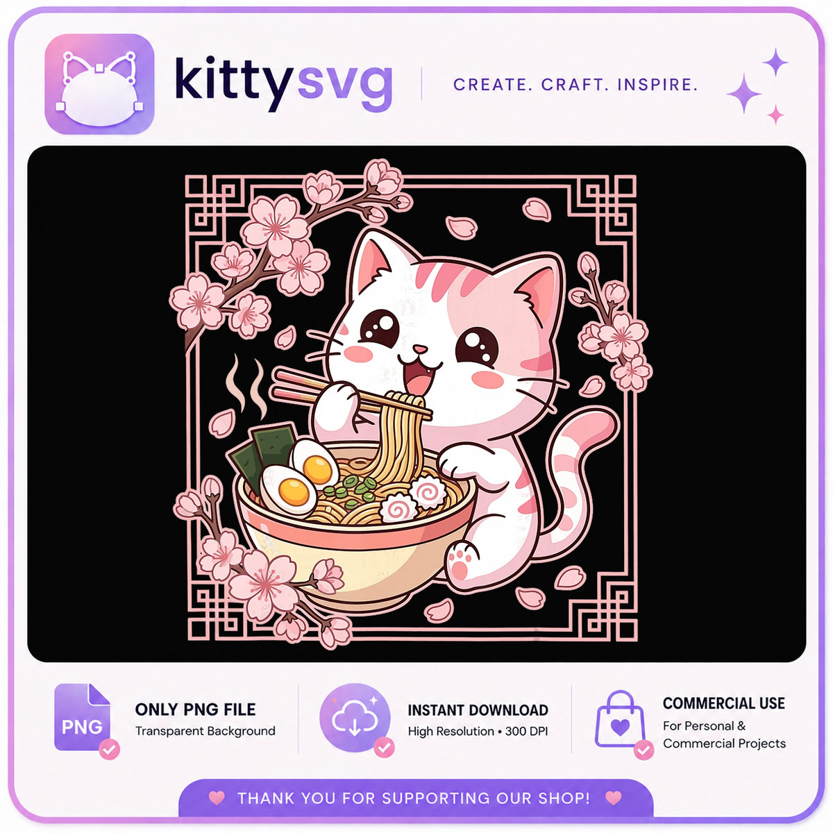Cute Cat Eating Ramen PNG, Kawaii Cat Cherry Blossom, Cat PNG