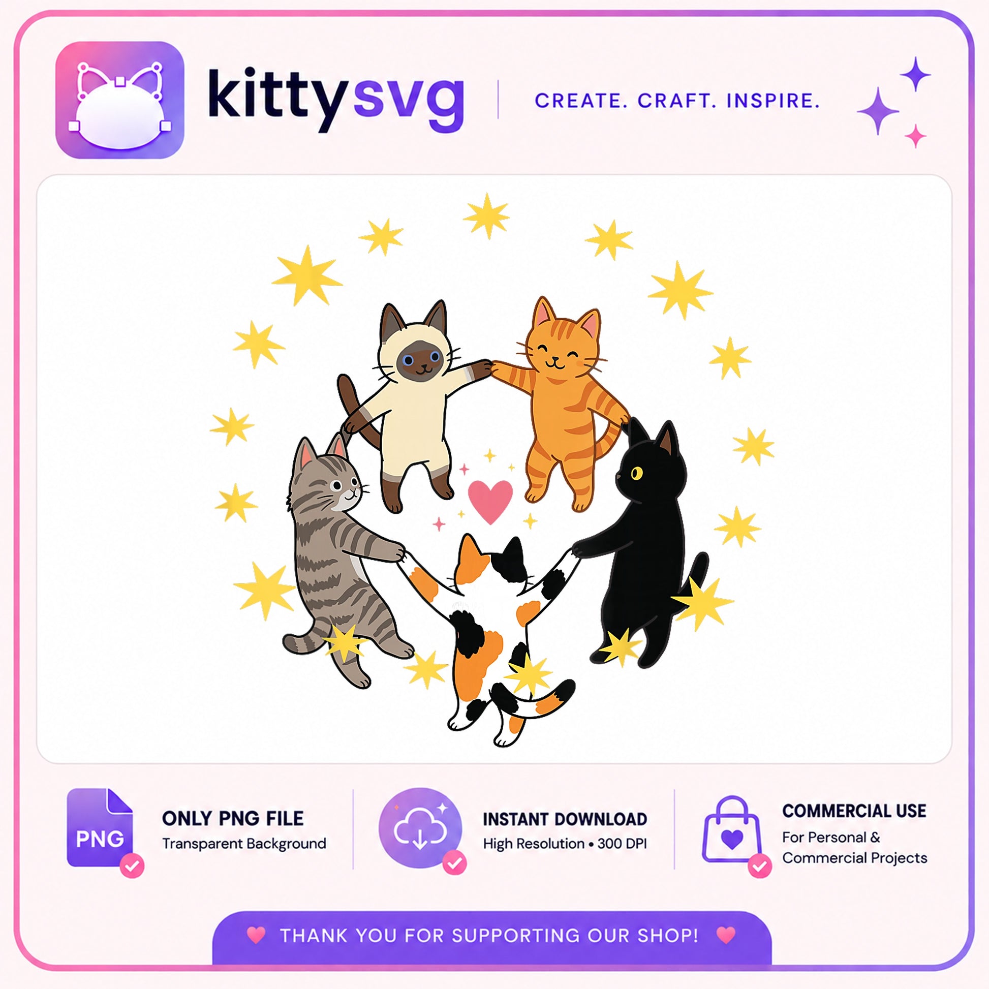 Cute Cats Circle Dancing PNG, Cat Lover Clipart, Kawaii Cat PNG