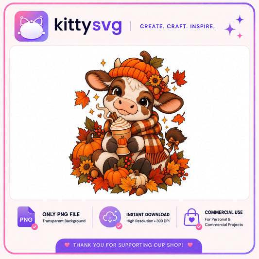 Cute Fall Cow PNG, Pumpkin Spice Latte PNG, Autumn Cow PNG