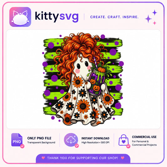 Cute Ghost Girl Halloween PNG, Floral Ghost PNG, Spooky Season PNG