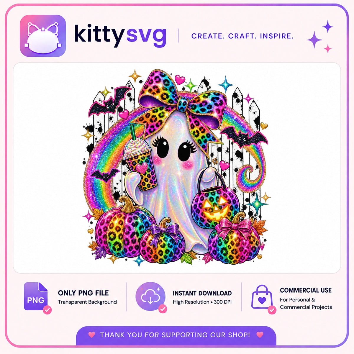 Cute Ghost Halloween PNG, Leopard Pumpkin PNG, Spooky Bow PNG