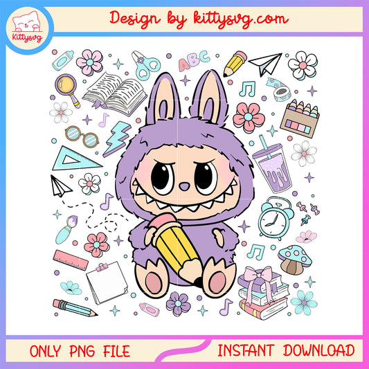 Cute baby labubu art student back to school design png, back to school png