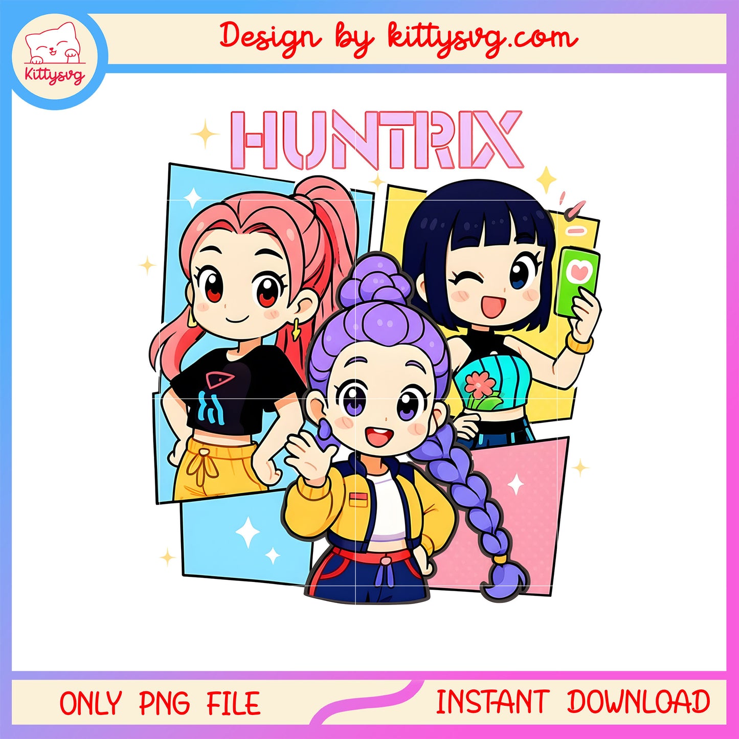 Cute kpop huntrix band cartoon png, demon hunters kpop png