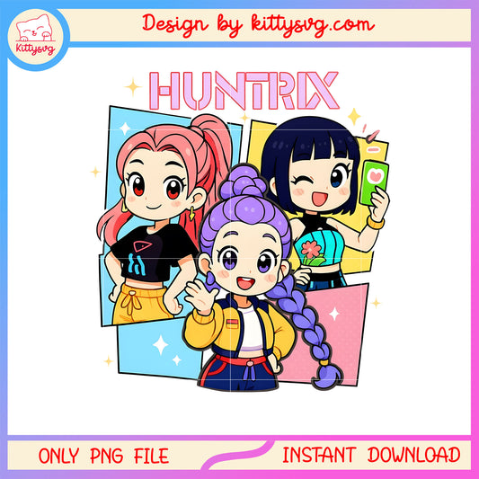 Cute kpop huntrix band cartoon png, demon hunters kpop png