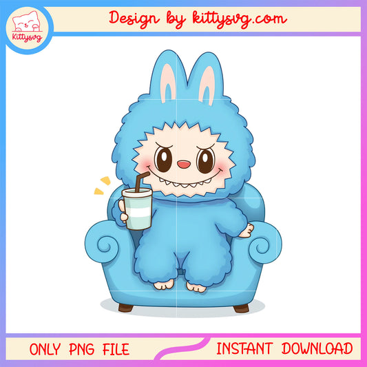 Cute labubu blue monster drink design png, labubu drawing png