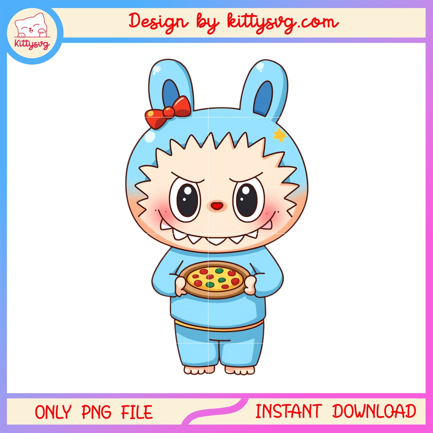 Cute labubu blue monster holding pizza design png, labubu drawing png