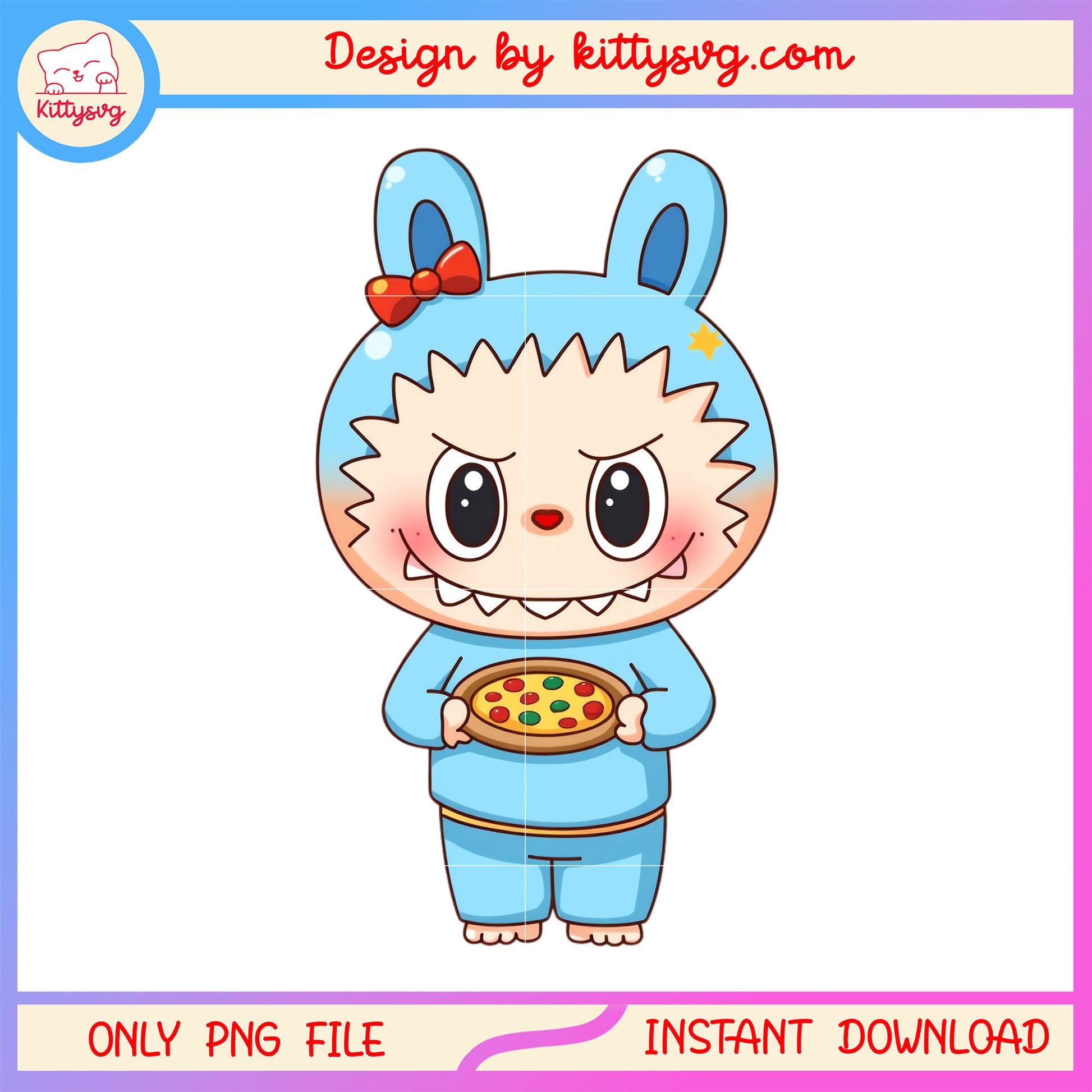 Cute labubu blue monster holding pizza design png, labubu drawing png