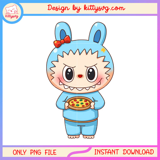 Cute labubu blue monster holding pizza design png, labubu drawing png