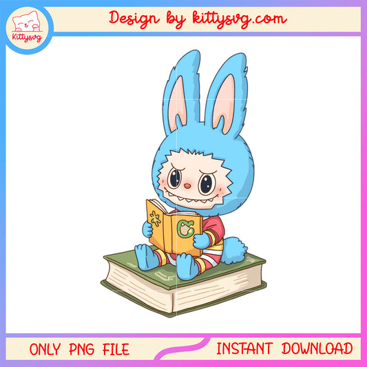 Cute labubu blue reading books design png, labubu art png