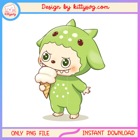 Cute labubu green with ice cream design png, labubu clothes png
