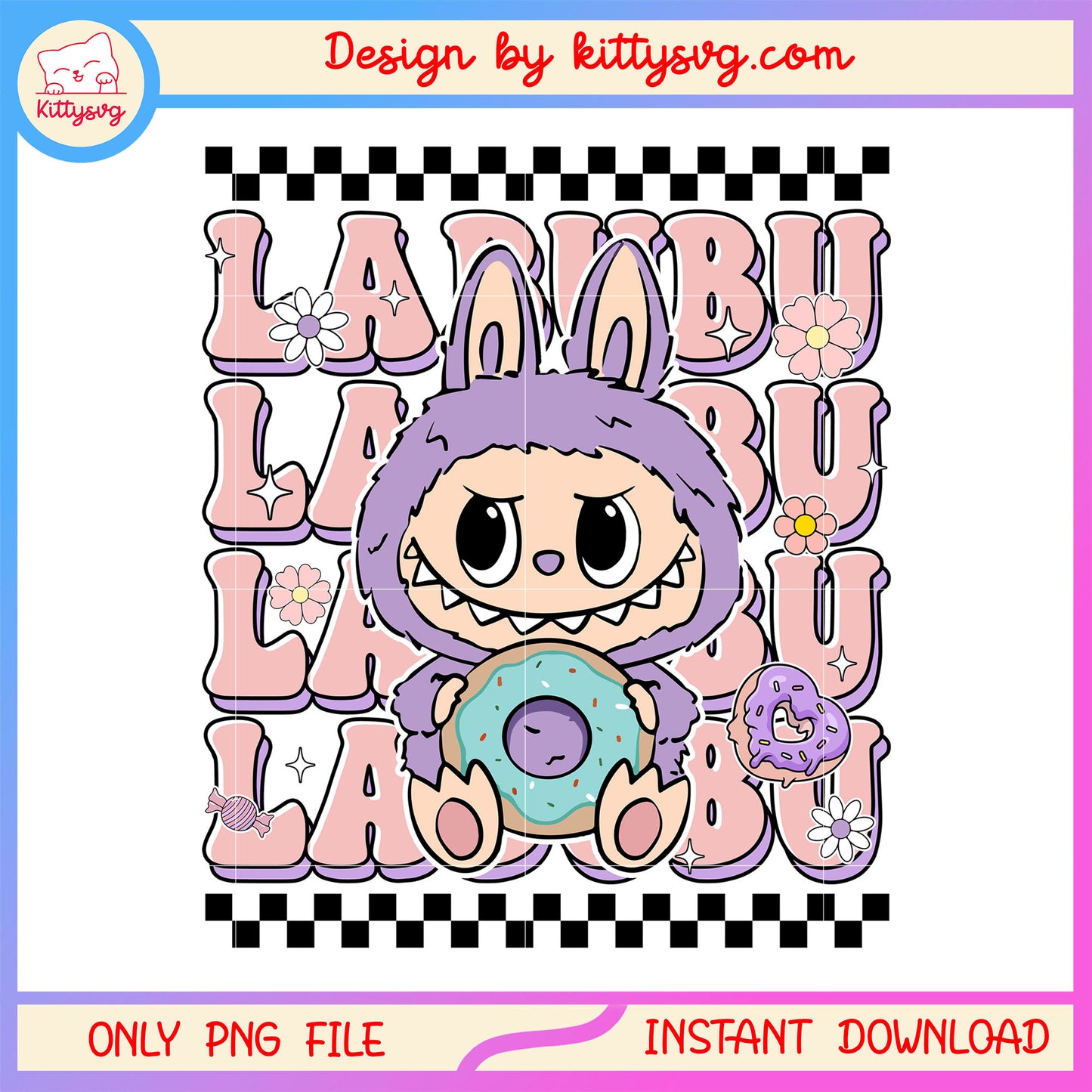 Cute labubu holding donut ver doll font design png, labubu drawing png