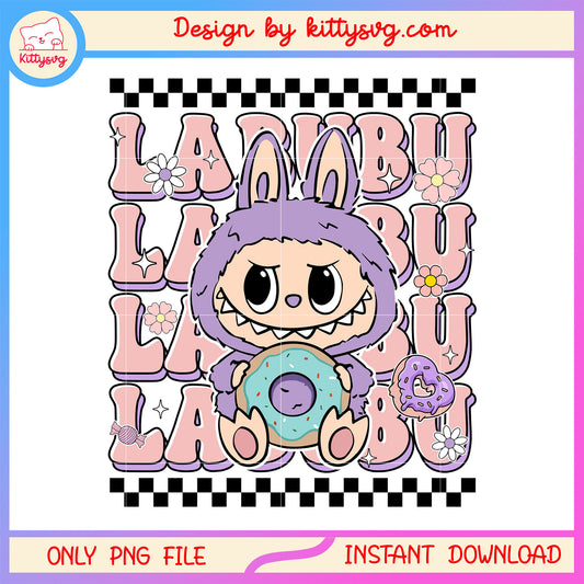 Cute labubu holding donut ver doll font design png, labubu drawing png