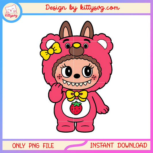 Cute labubu pink strawberry bear design png, labubu pop mart png