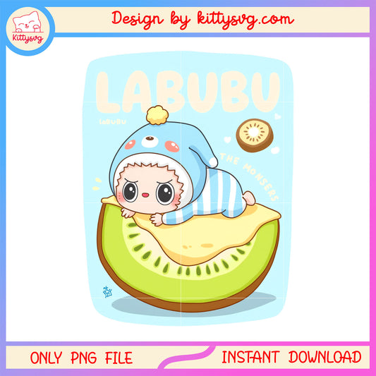 Cute labubu with kiwi design png, big into energy labubu png