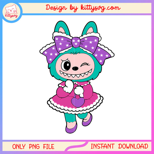 Dark aqua winking bow girl labubu doll png, exciting macaron labubu png