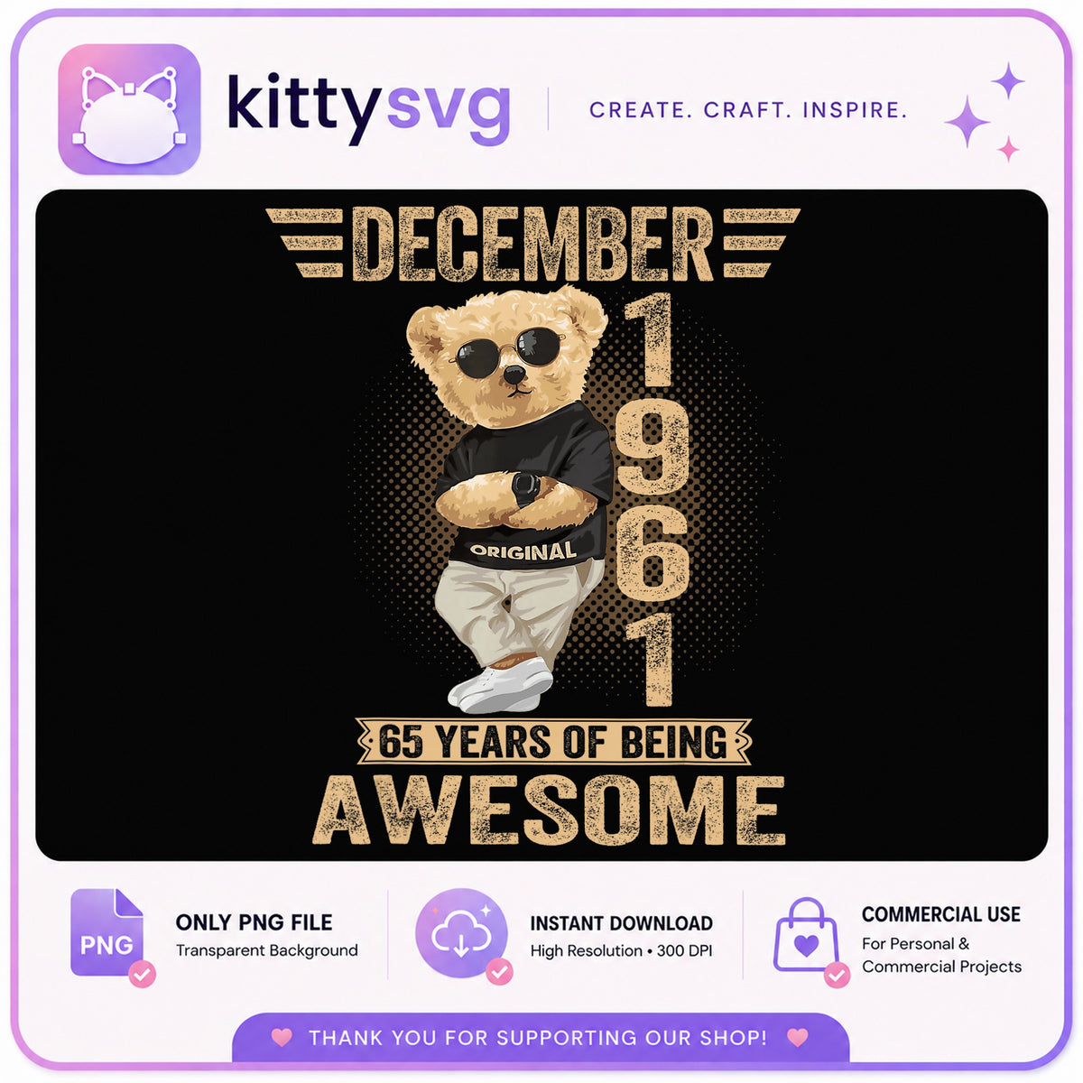 December 1961 65th Birthday Bear PNG, Cool Teddy Bear PNG, Birthday PNG