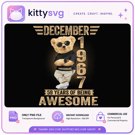 December 1967 Bear 59 Years Awesome PNG, Birthday PNG, Cool Bear PNG