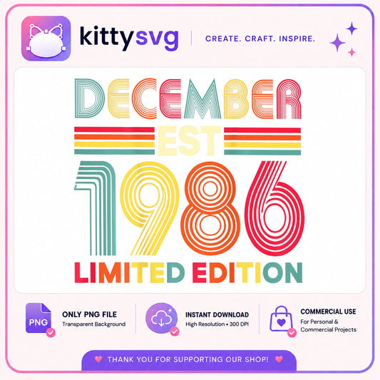 December 1986 Limited Edition PNG, Birthday Retro PNG, Est 1986 PNG