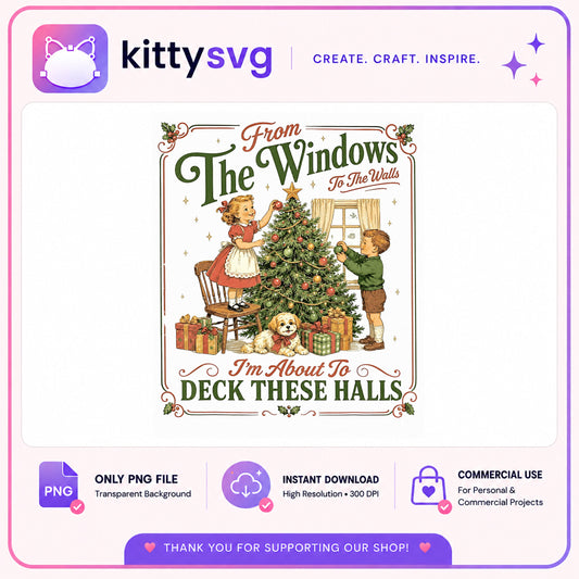 Deck The Halls Christmas Vintage PNG, Retro Holiday PNG, Christmas Tree PNG
