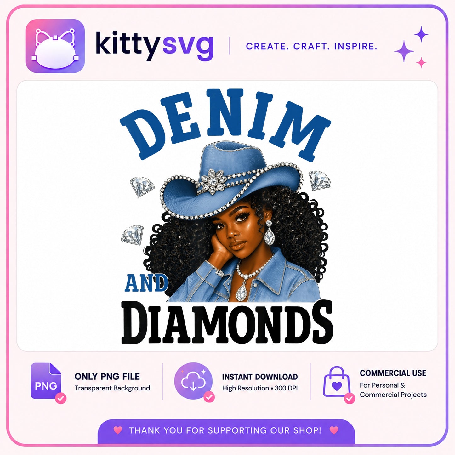 Denim And Diamonds Black Woman PNG, Cowgirl Hat PNG, Melanin Girl PNG