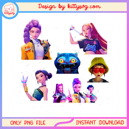 Derpy tiger and huntrix band sticker png, kpop demon hunters cast png