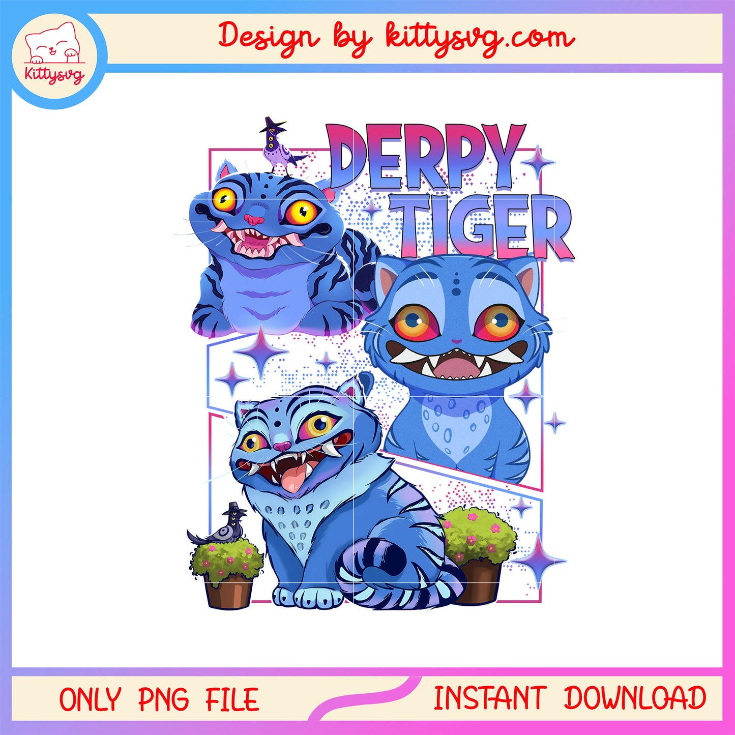 Derpy tiger and plant design png, cute demon tiger png
