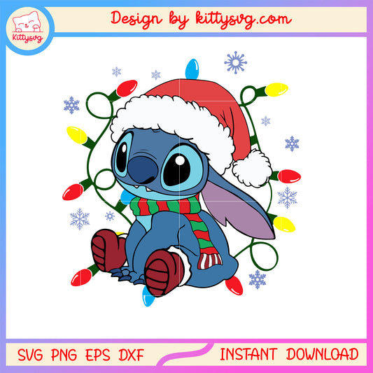 Disney stitch wear santa hat lights svg, disney stitch cartoon svg
