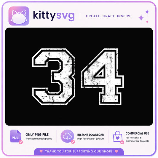 Distressed Jersey Number 34 PNG, Sports Number PNG, Grunge Athletic Number PNG