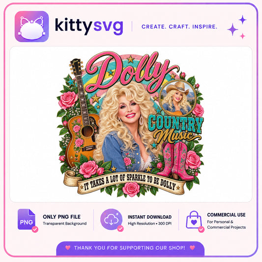 Dolly Parton Country Music PNG, Western Cowgirl PNG, Guitar Floral PNG
