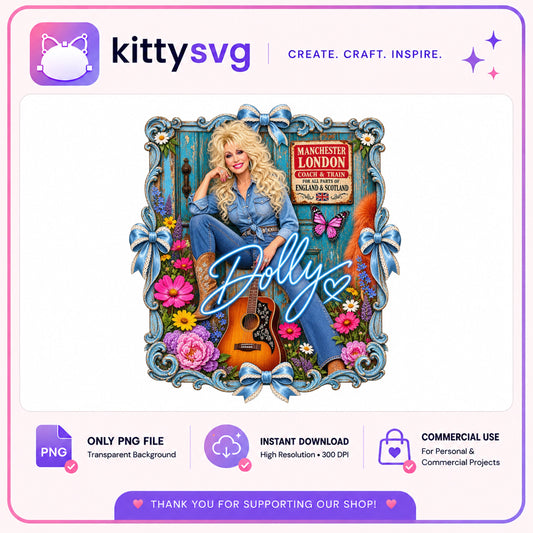 Dolly Parton Floral Vintage Frame PNG, Country Music PNG, Guitar PNG
