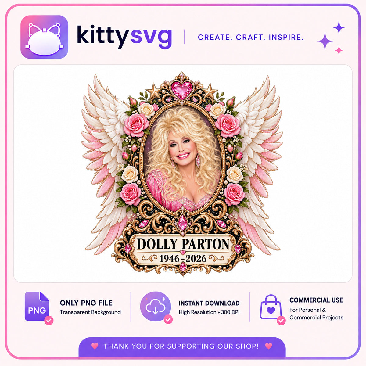 Dolly Parton Memorial PNG, Country Music Legend PNG, Floral Wings PNG