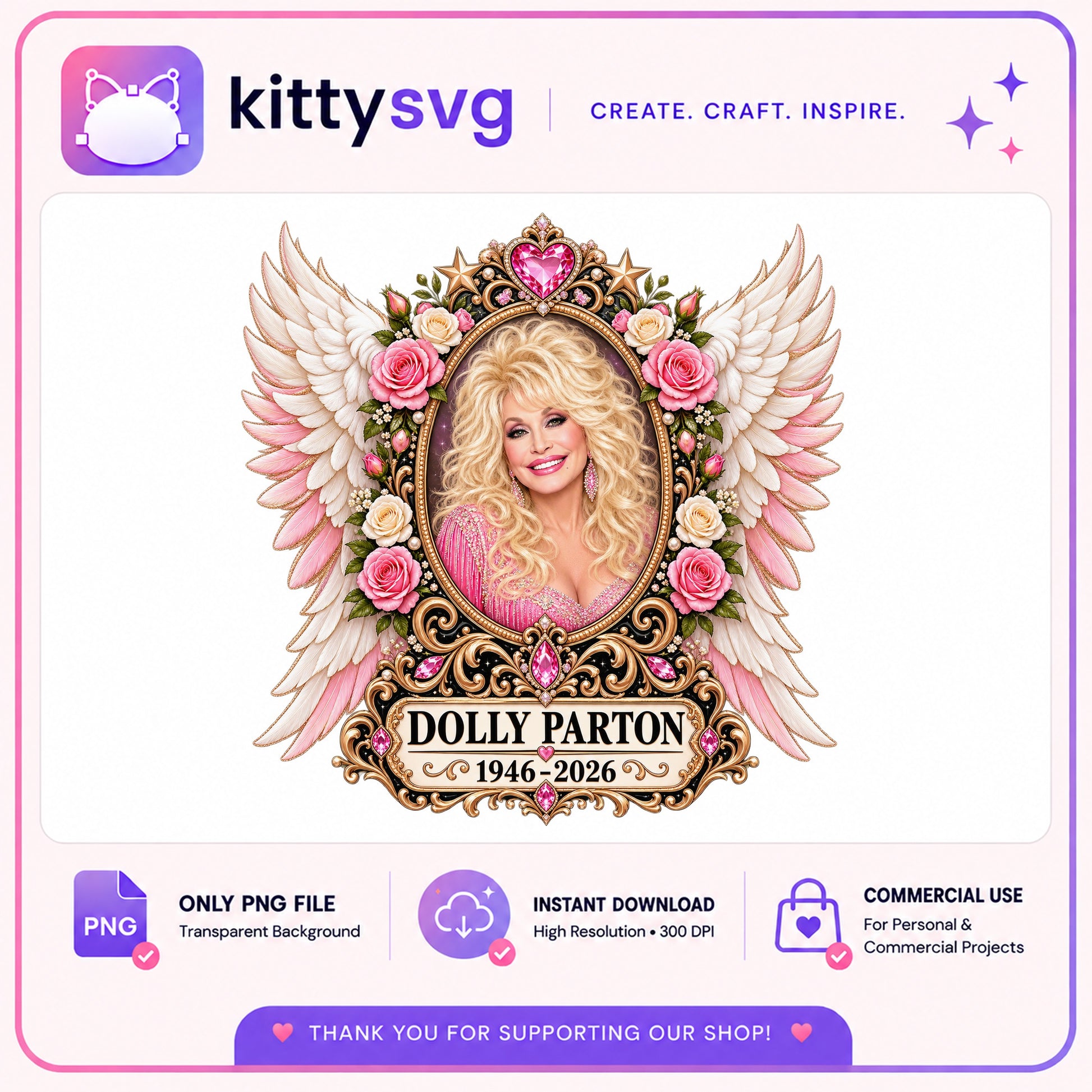Dolly Parton Memorial PNG, Country Music Legend PNG, Floral Wings PNG