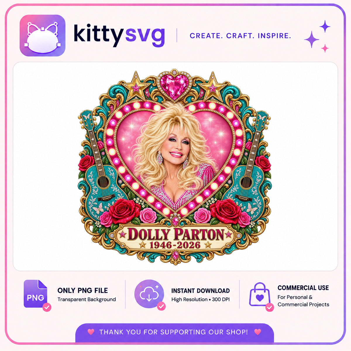 Dolly Parton PNG, Country Music Legend Sublimation, Guitar PNG