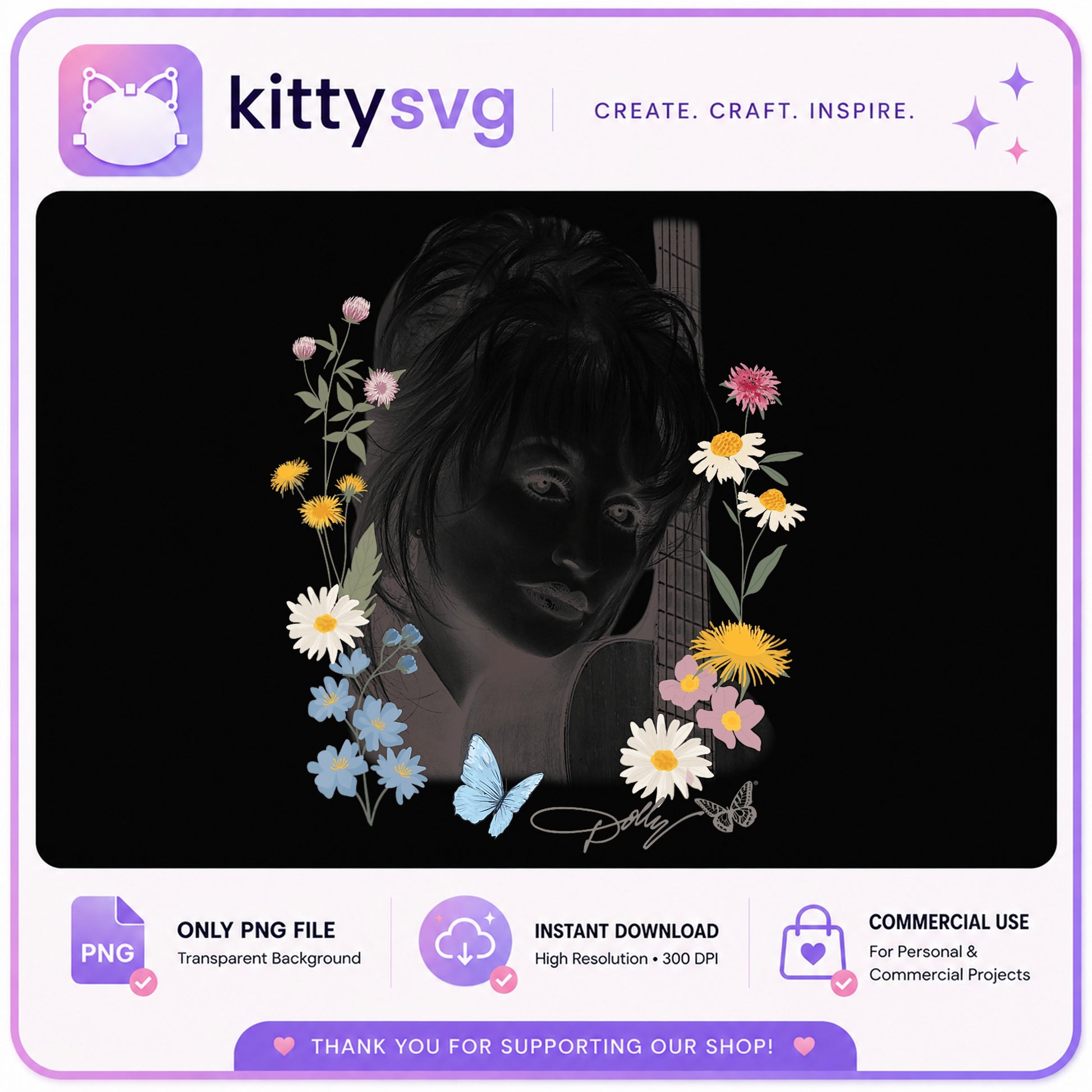 Dolly Parton Wildflower PNG, Country Music Singer PNG, Floral Guitar PNG
