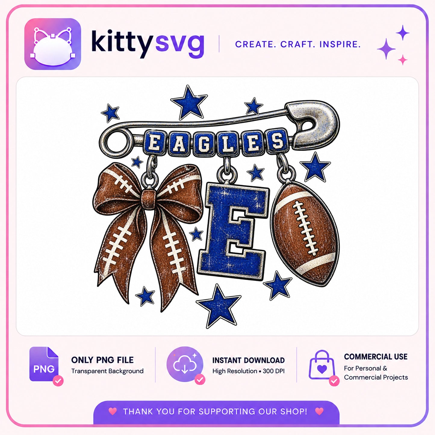 Eagles Football PNG, Safety Pin Charm Sublimation PNG, Game Day PNG